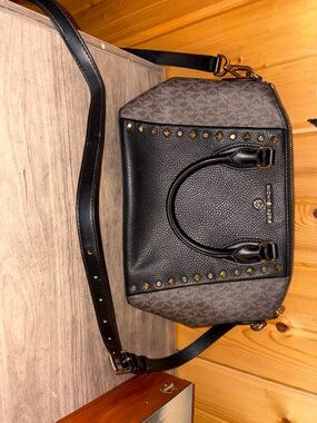 Michael Kors Black and Brown Logo Dome Satchel with Gold Studs